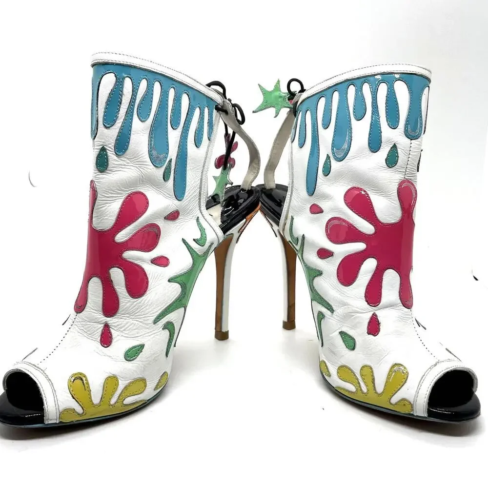 Sophia Webster Arty Party Paint Splatter Heel Tie Back Booties Size 7.5 - Picture 3 of 15